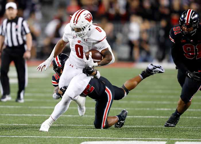 Sep 24, 2022; Columbus, Ohio, USA; Wisconsin Badgers running back Braelon Allen (0) runs the ball during the third quarter against the Ohio State Buckeyes at Ohio Stadium. Mandatory Credit: Joseph Maiorana-USA TODAY Sports